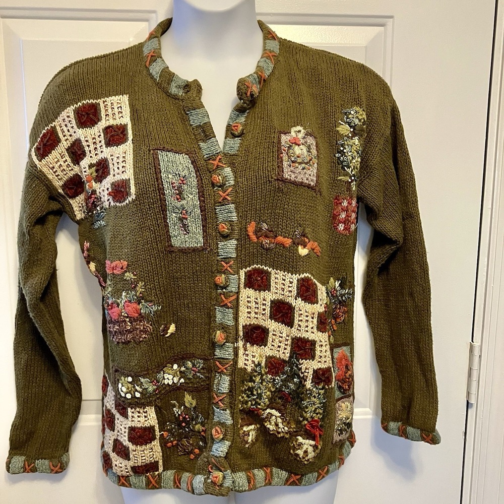 Vtg Y2K Newport News Sz Large Olive Green Embroidered Crochet Cardigan Sweater - Picture 2 of 7